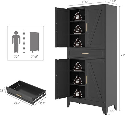 Bevivog Metal Storage Cabinet with Drawers, Tall Cabinets with Doors and Shelves, 4 Doors High Storage Cabinet for Office/Pantry/Living Room