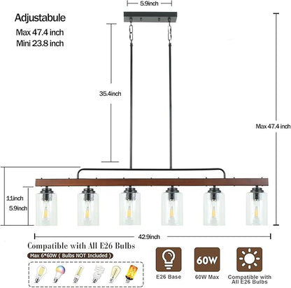 COTULIN 6-Light Farmhouse Kitchen Island Lighting, Dining Room Light Fixture, Rustic Wood Linear Chandelier Hanging, Black Pendant Light with Adjustable Rods and Seeded Glass Shades