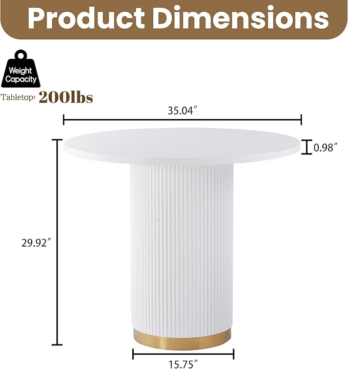 AF ARTISAN FURNITURE Round Dining Table for 4, 35.04" Farmhouse Kitchen Table, One-Piece Solid Wood Top with Gold Stainless Steel Base, Small Circle Dining Table for Kitchen & Living Room, White