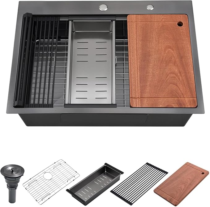 30 Drop in Black Stainless Steel Kitchen Sink, Luckyhorse 30x22 Inches 16 Gauge Nano Black Stainless Steel Single Bowl Topmount Workstation Kitchen Sink LH006SB