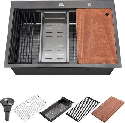30 Drop in Black Stainless Steel Kitchen Sink, Luckyhorse 30x22 Inches 16 Gauge Nano Black Stainless Steel Single Bowl Topmount Workstation Kitchen Sink LH006SB
