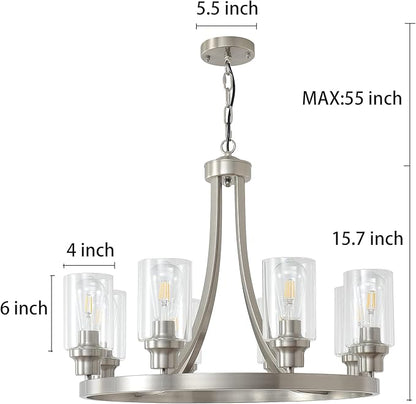 Modern Brushed Nickel Chandelier 8 Lights, Dining Room Lighting Fixtures Farmhouse Chandelier Hanging Industrial Pendant Lighting for Kitchen Island Dining Room