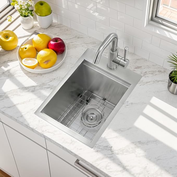 VAPSINT 15x20 Inch Drop In Bar Sink Workstation, 15x20x9 Topmount T304 Stainless Steel Small Kitchen Bar Sink, Handmade Single Bowl Basin for Laundry Wet Bar Prep RV Outdoor with Accessories