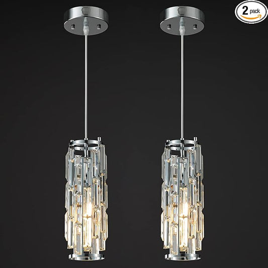 LMQNINE Pendant Lights Modern Chrome Pendant Light Mini Crystal Chandelier Pendant Lighting for Kitchen Island Dinning Room Bedroom Kitchen Sink Lighting (Chrome 2-Pack)