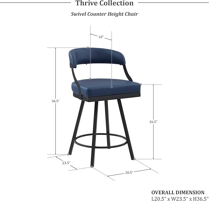 Lexicon Swivel Counter Height Stools Set of 2 - Counter Height Stools for Kitchen Island, Padded Seat, Open Back, Sturdy Black Metal Frame Finish and Blue Faux Leather Cushion Seat, Blue