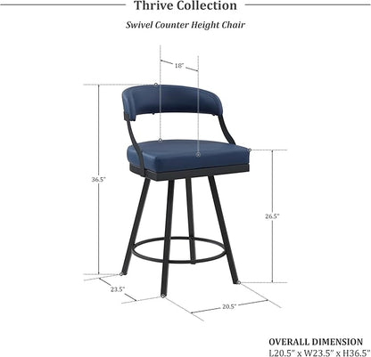 Lexicon Swivel Counter Height Stools Set of 2 - Counter Height Stools for Kitchen Island, Padded Seat, Open Back, Sturdy Black Metal Frame Finish and Blue Faux Leather Cushion Seat, Blue