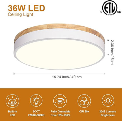 Modern Wood Flush Mount Ceiling Light, White LED 5CCT 2700K-6000K Dimmable Ceiling Light Fixtures, Round Close to Lighting Fixture for Kitchen Living Room Dining Room Bedroom-15.8in