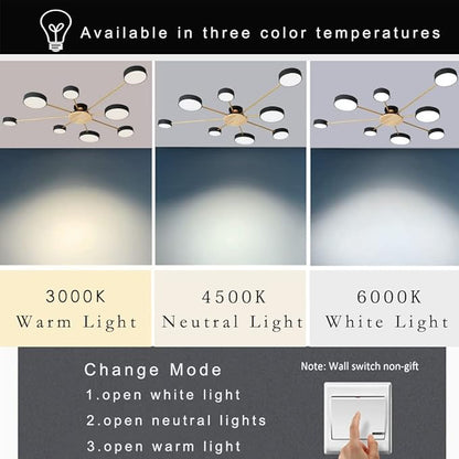 8-Lights LED Ceiling Light Fixture,48 Inch Modern Ceiling Lights Flush Mount Wooden 64W Dimmable Chandelier for Living Room Bedroom Kitchen,3000K/4000K/6000K Temperatures Selectable Black
