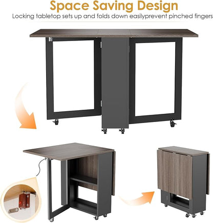 LotFun Folding Dining Table with 2 Storage Racks, Space Saving Dining Table with 6 Wheels, Kitchen Table for Small Spaces