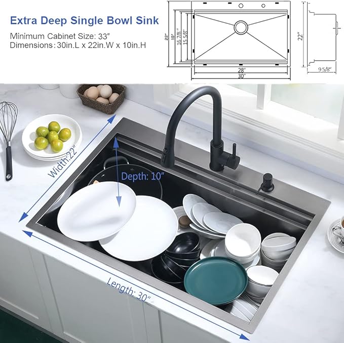 Black Kitchen Sink Drop In Workstation-Hovheir 30x22 Drop In Top Mount Kitchen Sink Black Stainless Steel Workstation Sinks 16 Gauge 304 Single Bowl Deep Overmount Sinks with Cutting Board