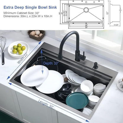 Black Kitchen Sink Drop In Workstation-Hovheir 30x22 Drop In Top Mount Kitchen Sink Black Stainless Steel Workstation Sinks 16 Gauge 304 Single Bowl Deep Overmount Sinks with Cutting Board