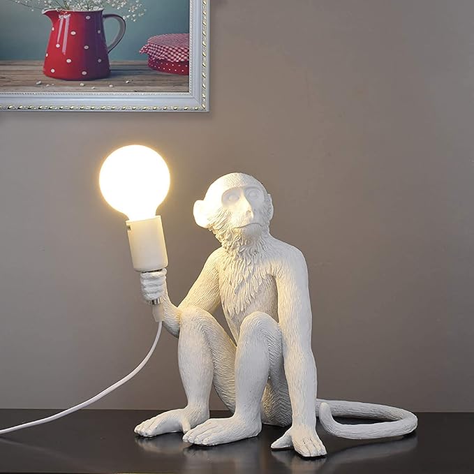 LOYALHEARTDY Modern Table Light Monkey Desk Lamp Fixture Vintage Resin Monkey Light Desk Lamp for Living Room Children's Kid's Bedroom Club Decoration (White, Table Lamp)