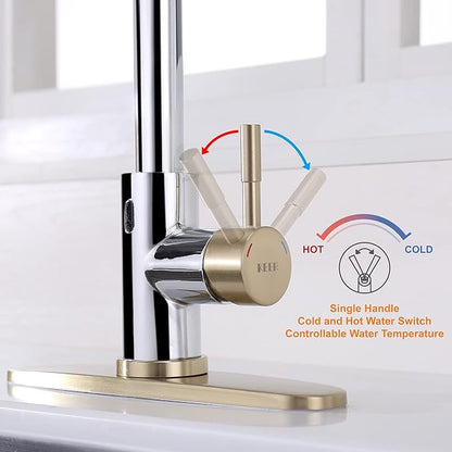 Touchless Kitchen Faucet with Pull Down Sprayer, Motion Sensor Kitchen Faucet with Soap Dispenser, Single Handle High Arc Pull Out Faucet for Kitchen Sink RV Kitchen, Gold and Polished Chrome
