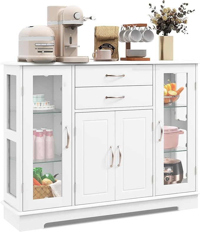 LOKO Modern Buffet Cabinet with Storage, Sideboard Credenza Cabinet with Two Drawers and Three Cabinets, Kitchen Buffet Storage Cabinet with Framed Tempered Glass Doors, 42 x 12 x 32 Inches (White)