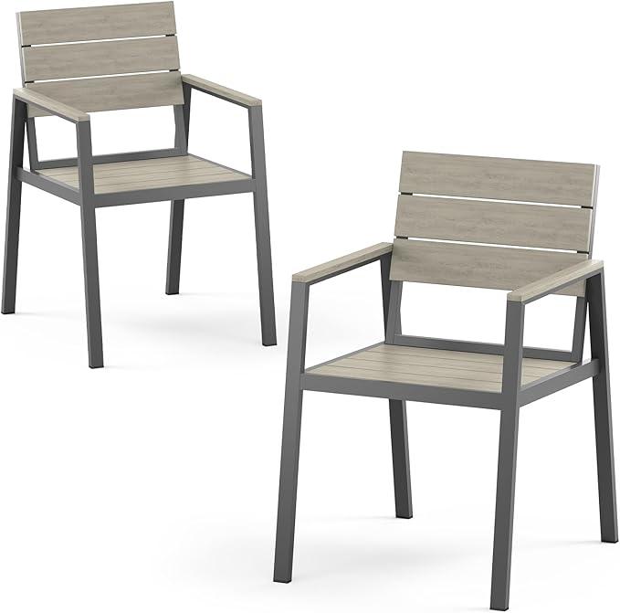 Outdoor Dining Chiars Set of 2, Aluminum Patio HDPS Outdooor Dining Chiars, All Weather Patio Furniture Set (Classic Gray)