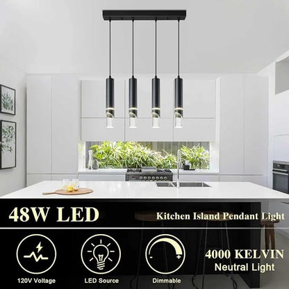 Modern LED Pendant Lighting Fixture 48-Watt 4 Light Black Kitchen Island Chandelier Dimmable Kitchen Light Fixtures Perfect for Dining Room Hanging Island Lighting Crystal Bubble Pendant Lights