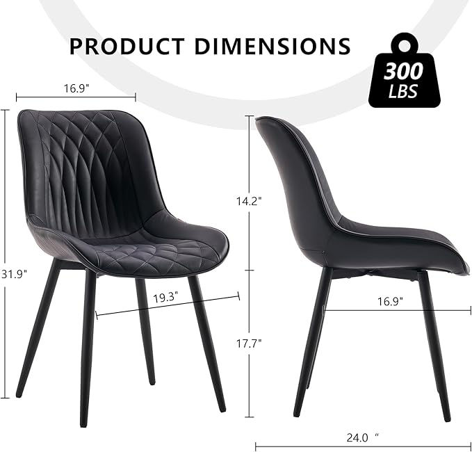 YOUNIKE Black Faux Leather Dining Chairs Set of 2 Mid-Century Modern High Padded Back Comfy Upholstered Kitchen Chairs with Metal Legs Wide Seat Accent Side Chair for Dining/Living/Waiting Room