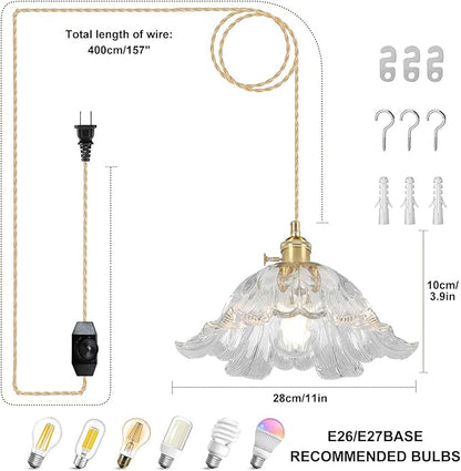 Plug in Pendant Light Fixtures,Hanging Light Fixture Flower Transparent Glass Pendant Light 11 inch E26 Pendant Lighting for Kitchen Island, Bedroom, Dining Room, Living Room