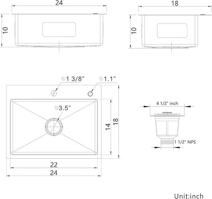 24" x 18" Drop in Kitchen Sink Stainless Steel Single Bowl Kitchen Sink with Drain Kit and Faucet