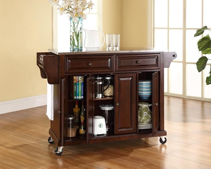 Crosley Furniture Full Size Stainless Steel Rolling Kitchen Island Storage Cart, Microwave Stand, Spice Rack, Mahogany