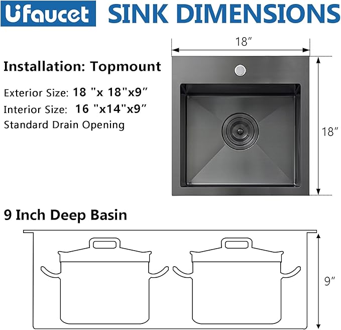 18x18 Inch Black Bar Sink Drop In, Gunmetal Black 16 Gauge Stainless Steel Small Prep Sink, Topmount Single Bowl 9 Deep RV Utility Kitchen Sinks with Drain