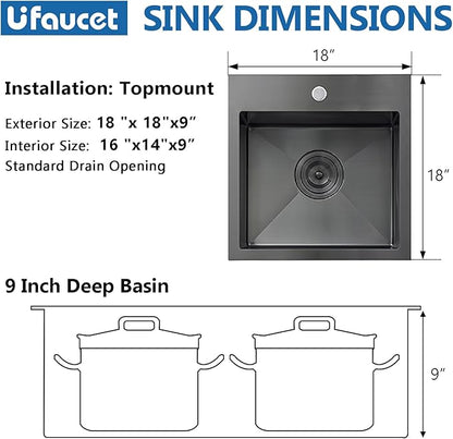 18x18 Inch Black Bar Sink Drop In, Gunmetal Black 16 Gauge Stainless Steel Small Prep Sink, Topmount Single Bowl 9 Deep RV Utility Kitchen Sinks with Drain