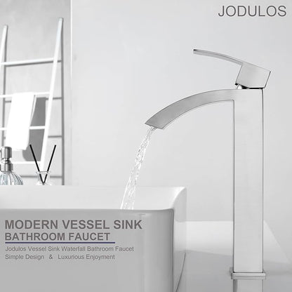 Vessel Sink Faucet Brushed Nickel, Single Handle Waterfall Tall Bathroom Sink Faucet Single Hole with cUPC Supply Hose and Pop Up Drain JU-BS101-BN