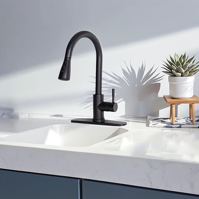HOTIS Black Kitchen Faucet, Single Handle Matte Black Kitchen Faucets with Pull Down Sprayer, Stainless Steel Suitable for 1 or 3 Hole Sinks for Farmhouse, RV, Laundry, Bar, HT-KYT010B-D-new