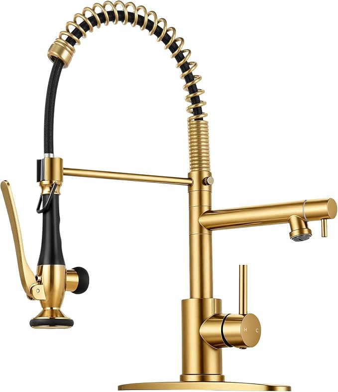 Kitchen Faucet with Pull Down Sprayer - Brushed Gold Single Handle Commercial Kitchen Faucets, 2-Spout Stainless Steel Spring Pull Out Kitchen Sink Faucet 1/3 Hole with Deck Plate