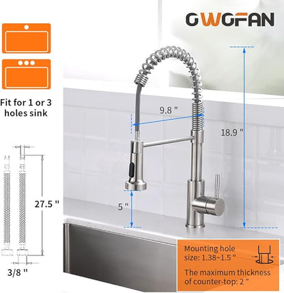 OWOFAN Kitchen Faucet Low Lead Commercial Solid Brass Single Handle Single Lever Pull Out Pull Down Sprayer Spring Kitchen Sink Faucet, Brushed Nickel Kitchen Faucets 866053SN