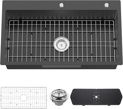 Black Kitchen Sink, 33x19 Inch Stainless Steel Drop In Modern Large Single Bowl Topmount Kitchen Sink Gift Combo-SS Grid,Silicon Mat, Drain Strainer Set Compatibility With Various Kitchen&Bar Styles