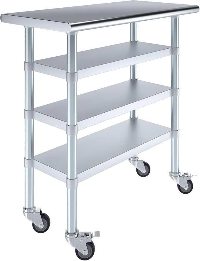AmGood Stainless Steel Work Table with 3 Shelves and Casters | Kitchen Island Food Prep | Laundry Garage Utility Bench | NSF Certified (36" Long x 18" Deep)