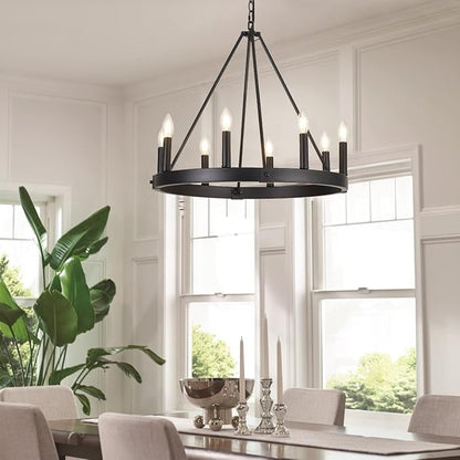 8 Lights Farmhouse Wagon Wheel Chandelier, D24" Black Round Chandeliers for Dining Room, Modern Industrial Kitchen Island Pendant Light Fixtures for Foyer Living Room Entryway Bedroom, E12 Socket