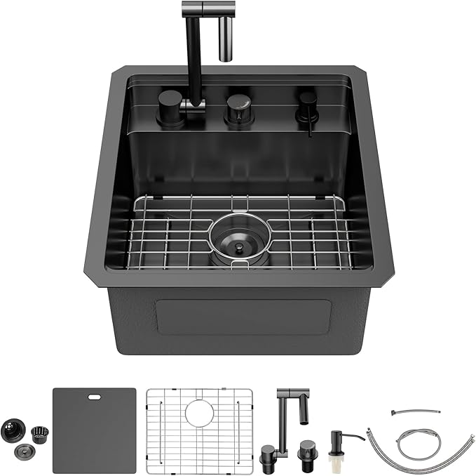 Outdoor Sink and Faucet - Beslend 17x19x9 Inch Black Undermount Bar Sink With Folding Faucet and Cover 16 Gauge Stainless Steel Single Bowl Sink Indoor Outdoor