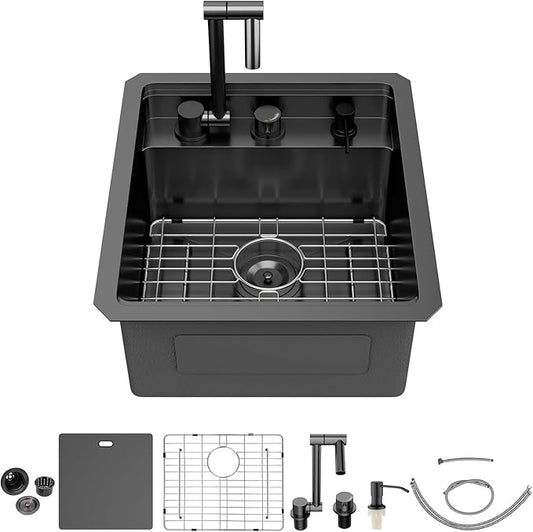 Outdoor Sink and Faucet - Beslend 17x19x9 Inch Black Undermount Bar Sink With Folding Faucet and Cover 16 Gauge Stainless Steel Single Bowl Sink Indoor Outdoor