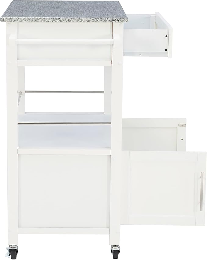 Linon Kyler White Granite Topped Kitchen Cart with Lockable Casters and Hidden Storage Spaces