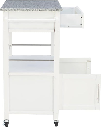 Linon Kyler White Granite Topped Kitchen Cart with Lockable Casters and Hidden Storage Spaces