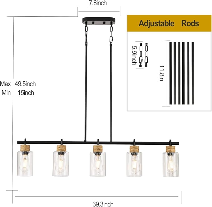 5-Light Linear Chandeliers, Black Kitchen Pendant Lighting Over Island, Farmhouse Dining Room Light fixtures with Jute Rope & Clear Glass Shades(Black 5 Light)