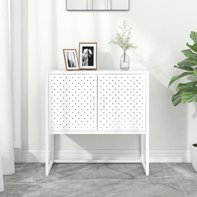 White Steel Sideboard, Rectangular Modern Buffet Cabinet, Lacquered Finish, 2-Door Storage, Adjustable Levelers, for Living Room, Dining Room Kitchen Furniture