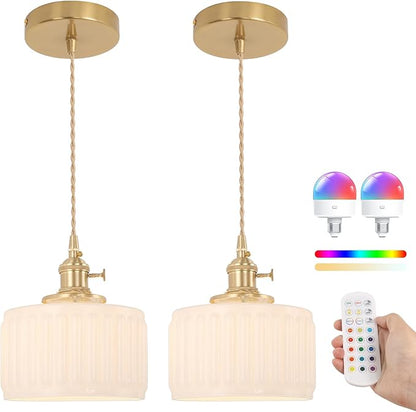 Shenmoyl Battery Operated Pendant Light 5000mAh Rechargeable Chandelier with Remote Control Wireless Adjustable Hanging White Striped Light for Kitchen Island Dining Room Hallway, 2 Pack