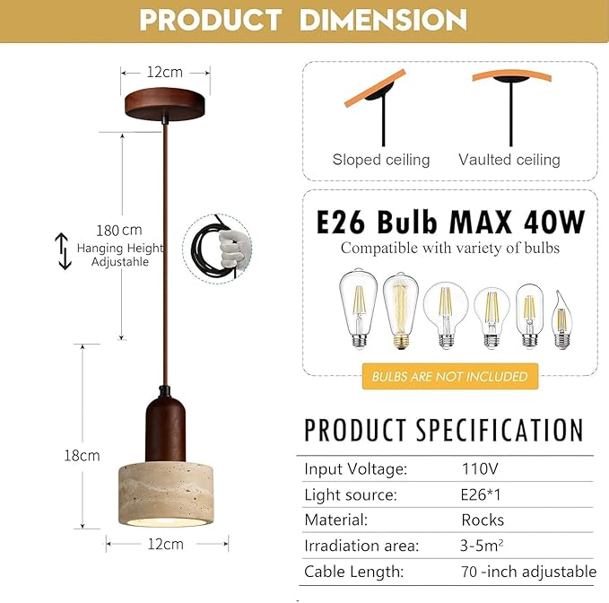 Japanese Wabi sabi Pendant Light with Natural Stone Shade, Dimmable Modern Wood Hanging Lamp Fixture, Adjustable Height Pendant Lamp for Bedroom, Kitchen Island, Dining Room, Restaurant, Cafe, Bar (A)