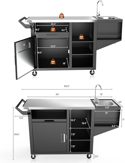 NUUK Outdoor Grill Cart on Wheel, Pizza Oven Table with Sink & Storage, 20"x42" Stainless Steel Prep Table Kitchen Island Cabinet for Backyard BBQ