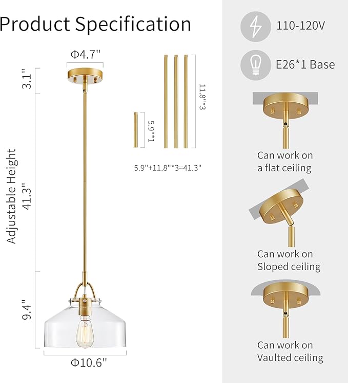 WUZUPS Chandelier Rustic Farmhouse Industrial Round Ceiling Pendant LED Light Fixture with Clear Glass Shades for Dining Room Kitchen Island Foyer Entryway, H 9.4" x W 10.6", E26 Base, Gold