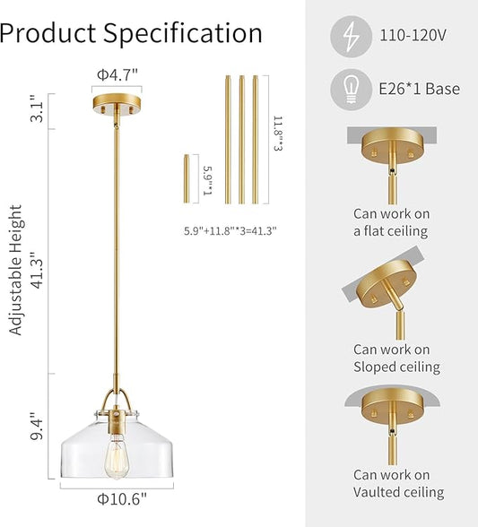 WUZUPS Chandelier Rustic Farmhouse Industrial Round Ceiling Pendant LED Light Fixture with Clear Glass Shades for Dining Room Kitchen Island Foyer Entryway, H 9.4" x W 10.6", E26 Base, Gold