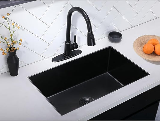 28 Inch Undermount Kitchen Sink Black, 28x18 Gunmetal Black 16 Gauge Stainless Steel Single Bowl Under Mount Commercial Kitchen Sinks 9 Inch Deep Includes Drain