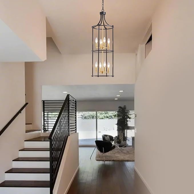 XINGQI Black and Gold Foyer Chandeliers for High Ceiling, Modern 8 Light Dinning Room Lantern Tiered Chandelier Cage Pendant Lighting Fixture for Staircase Entryway Living Room