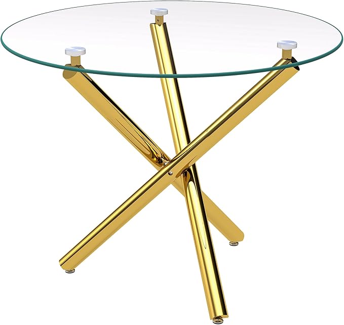 Pvillez 36“ Round Dining Table for 4, Contemporary Tempered Glass Dining Table, Small Dinner Table with Gold Cross Metal Base, Round Clear Kitchen Table Writing Desk for Dining Kitchen
