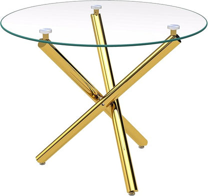 Pvillez 36“ Round Dining Table for 4, Contemporary Tempered Glass Dining Table, Small Dinner Table with Gold Cross Metal Base, Round Clear Kitchen Table Writing Desk for Dining Kitchen