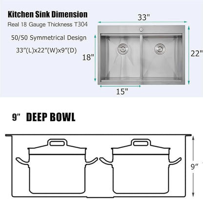 IKEBANA 33 x 22 Inch Double Bowl Kitchen Sink Drop in, Brushed Nickel 16 Gauge Stainless Steel Topmount 50/50 Double Basin Workstation Kitchen Sink with Accessories