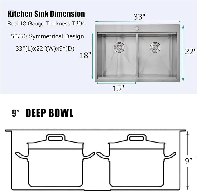 KINGO HOME 50/50 Double Bowl Kitchen Sink, 33x22 Inch Drop In Kitchen Sink, 33 Inch Ledge Workstation 16 Gauge Stainless Steel Topmount Double Basin with Cutting Board